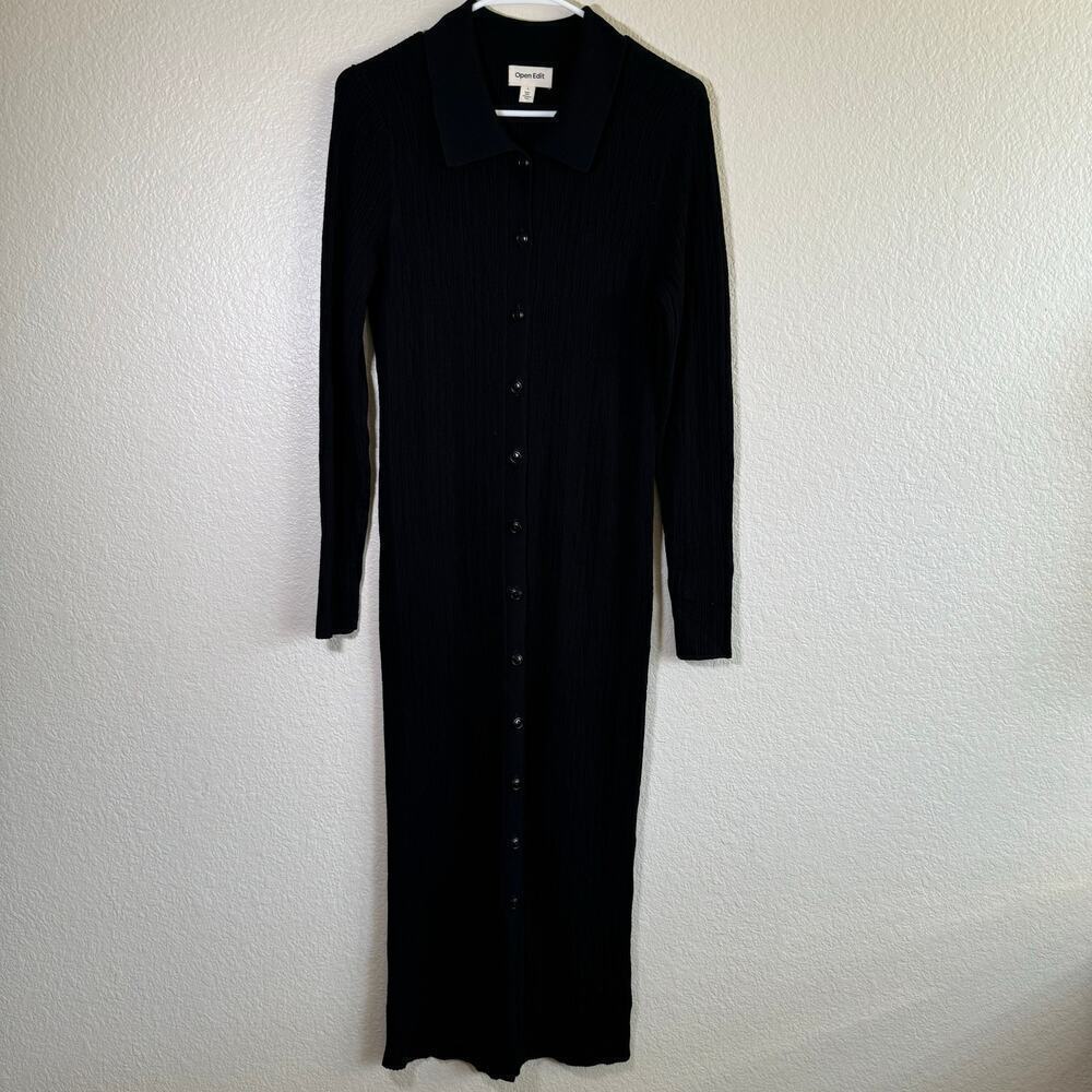 Open Edit Long Sleeve Ribbed Collared Dress Black Goth Grunge Emo Women size LG